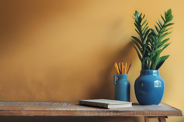 two blue vases with a plant and a book on a table