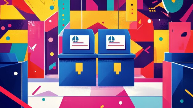 Photo two blue voting booths stand in front of a colorful abstract background symbolizing democracy