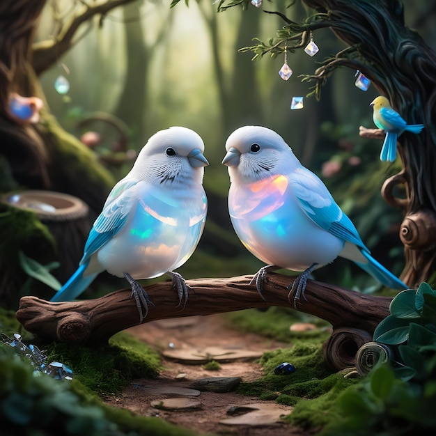 two blue and white birds are sitting on a log