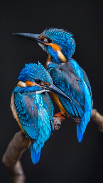 two blue and yellow birds are sitting on a tree branch