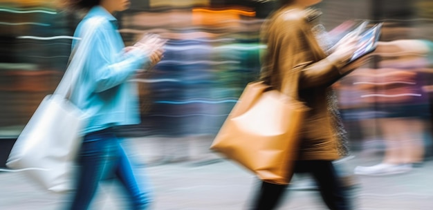 Two blurred in motion women with bags on city street