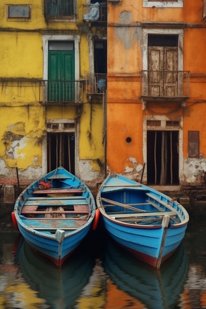 two boats are docked in front of a row of buildings generative ai