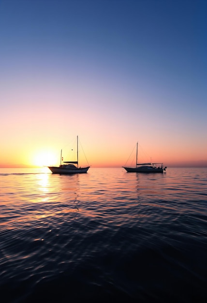 two boats are floating in the water and one is sailing