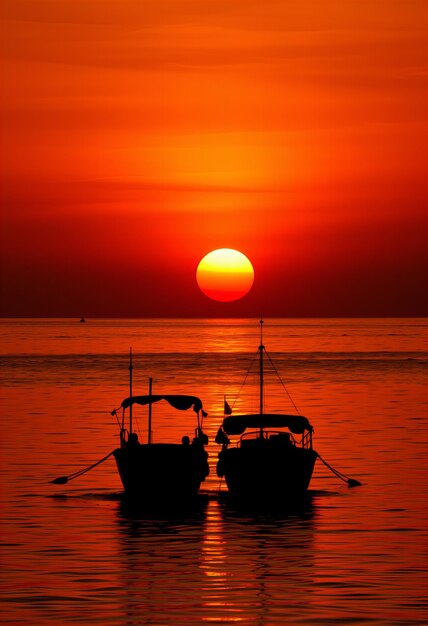 two boats are floating in the water with a sunset in the background