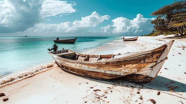 two boats on a beach with a sky background