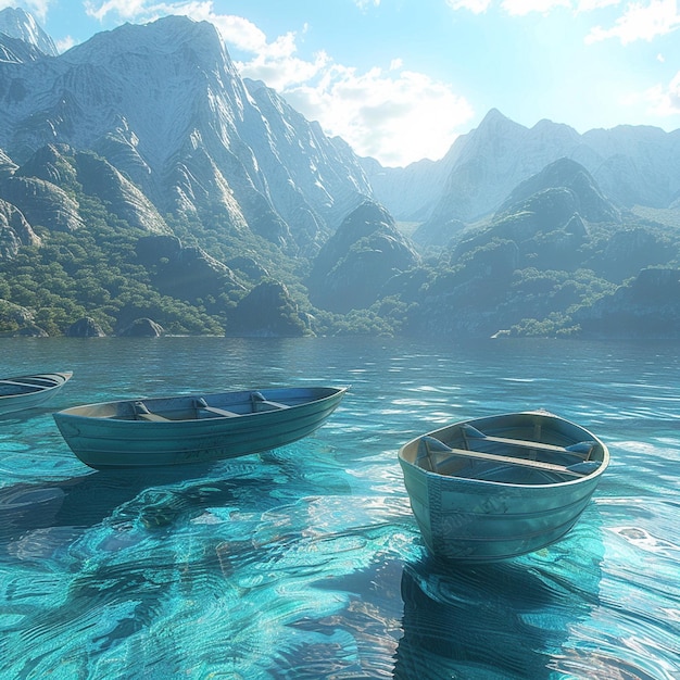 two boats floating in the water with mountains in the background