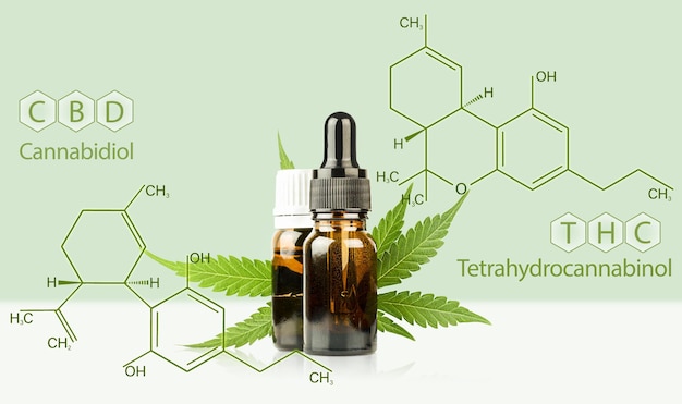 Two bottles and cannabis leaves on a light background Hemp oil with CBD and THC components