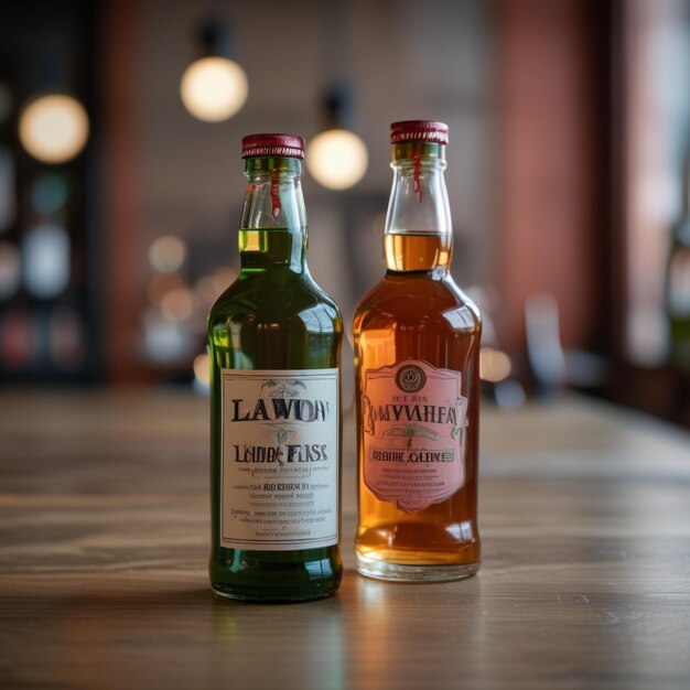 Photo two bottles of lager are sitting on a table