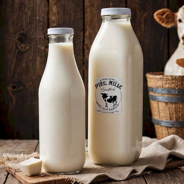 two bottles of milk are sitting on a table