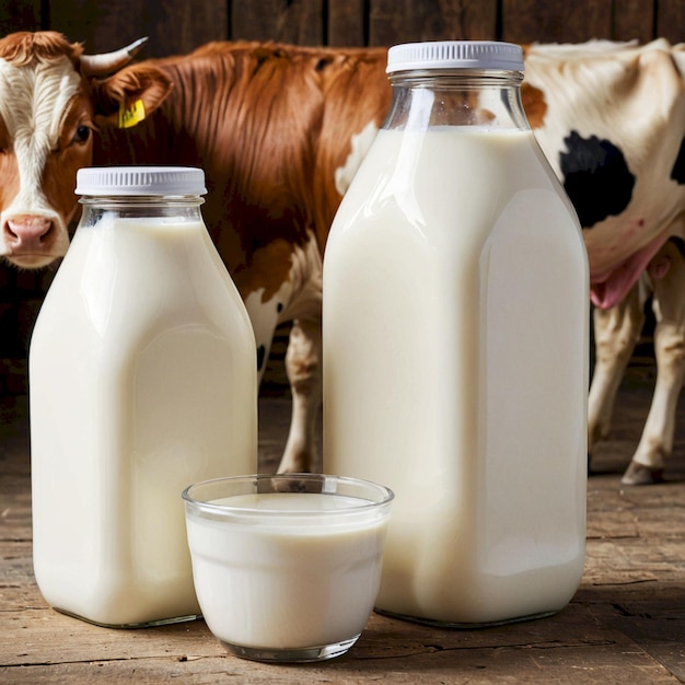 Photo two bottles of milk with a cow in the background