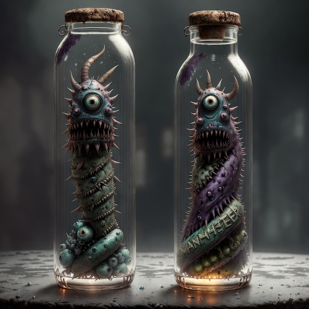 Two bottles of monsters are next to each other with a dark background