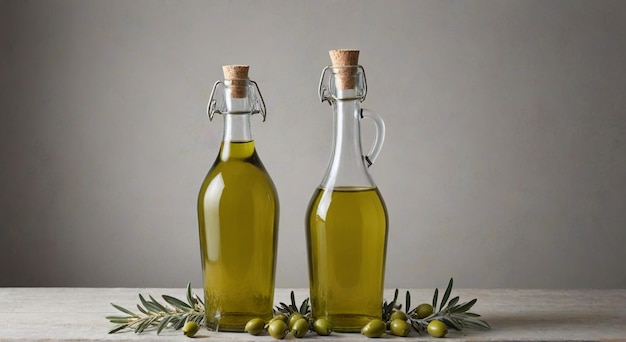 two bottles of olive oil are next to each other