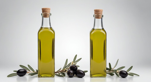 two bottles of olive oil are on a table with olives