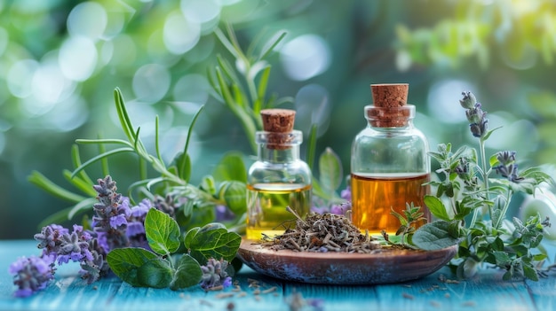 two bottles of olive oil and some lavender on a table