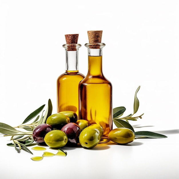 Two bottles of olive oil with olives and a branch of olives.