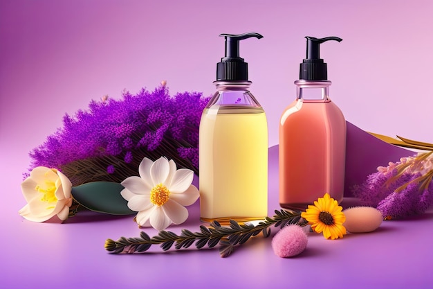 Two bottles of organic soap with a purple background and a flower around