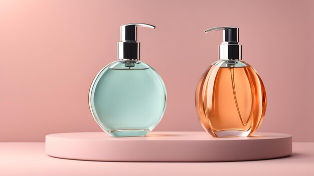 two bottles of perfume on a pink surface