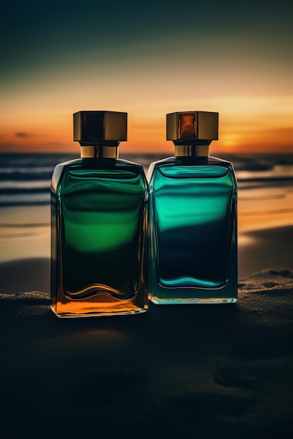 Two bottles of perfume sit on a beach at sunset