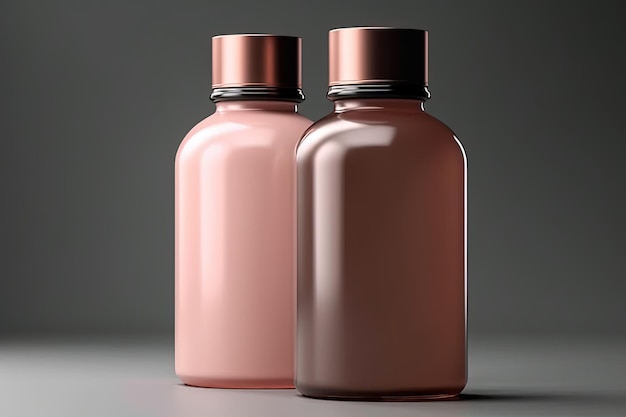 Two bottles of pink color are sitting on a table.