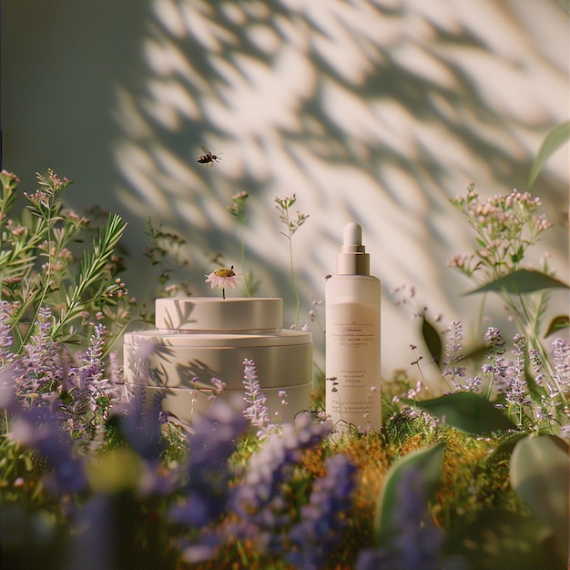 Photo two bottles and a pot of an organic skincare product