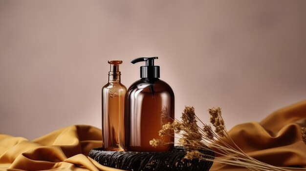 Two bottles of soap next to a bunch of dried flowers.