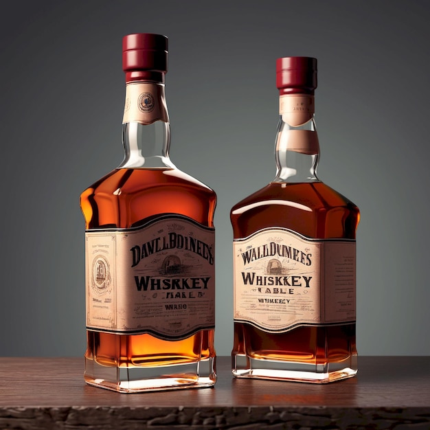 two bottles of whiskey sit side by side on a table