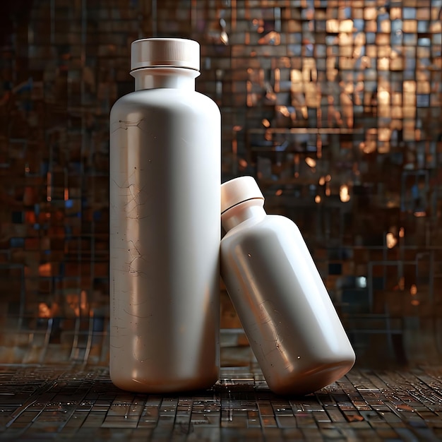 Photo two bottles of white liquid on a metal surface