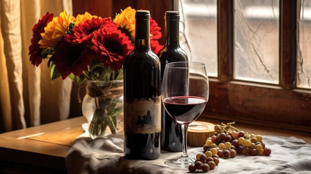 Two bottles of wine with a glass of wine and grapes on a table.