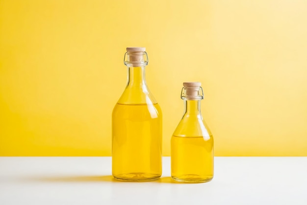 Photo two bottles of yellow liquid on a white surface against a yellow background