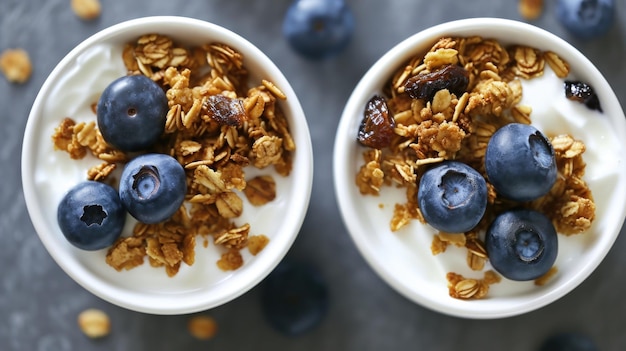 Two bowls of cereal with blueberries and granola