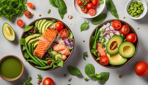 two bowls of food including salmon salmon and avocado