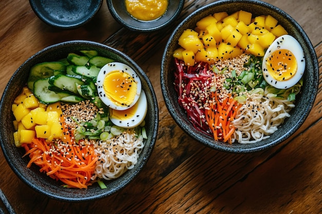 two bowls of food with noodles vegetables and noodles on a wooden table