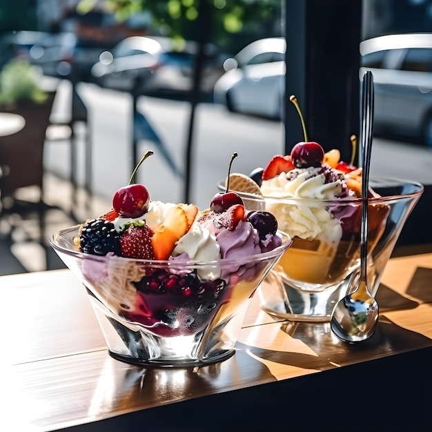 Two bowls of ice cream with fruit on the top and a glass cup with a spoon on the right.