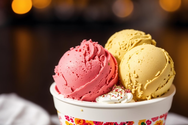 Two bowls of ice cream with one of them has a strawberry on the top.