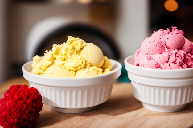 Two bowls of ice cream with one of them has a strawberry on the top.