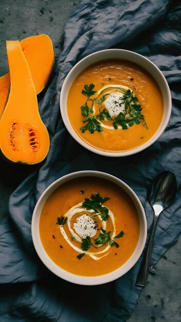 Photo two bowls of pumpkin soup with gray fabric and slices of butternut squash top view vegetarian foo