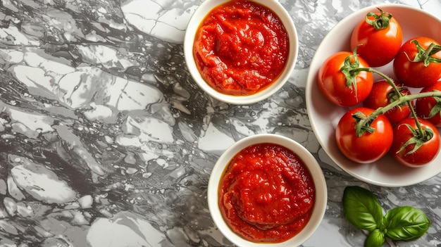 Photo two bowls of red sauce and a plate of tomatoes