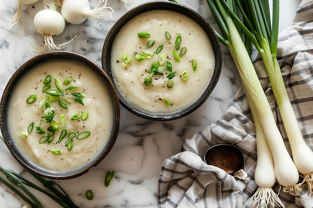 Photo two bowls of soup with green onions and garlic on a marble counter generative ai