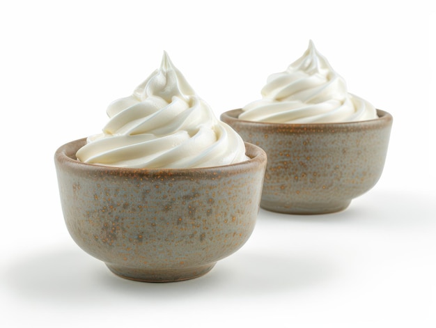 Photo two bowls of sour cream on a white background