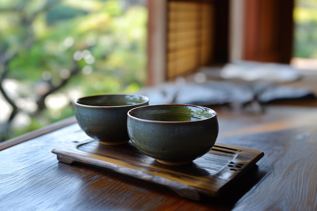 Photo two bowls of water sit on a tray on a wooden table