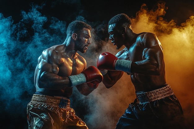 two boxers in boxing gloves one of which has the word quot on it quot