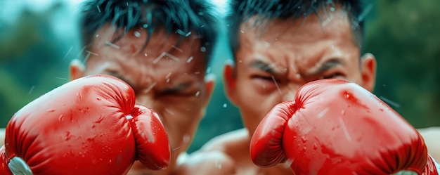 Photo two boxers face off in a dramatic fight ready to unleash their power sweat dripping from their