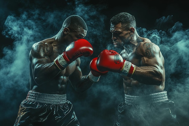 two boxers fighting in a dark room with smoke