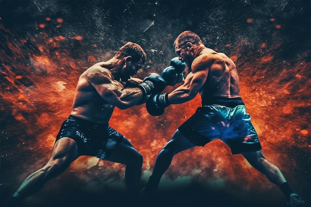 Two boxers fighting in an orange and black boxing match