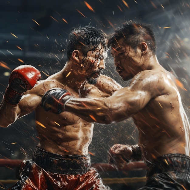 two boxers fighting in the rain, one of them is wearing a red boxing gloves.