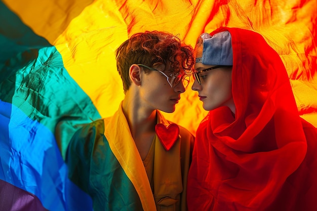 Photo two boys are in front of a rainbow colored flag