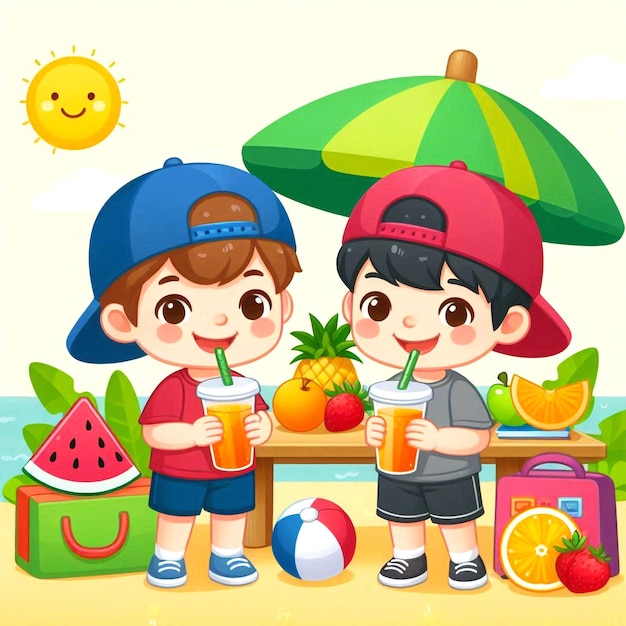 two boys are holding strawberries and a watermelon