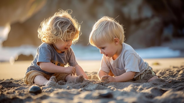 two boys are playing in the sand