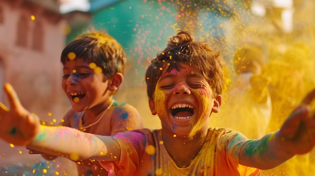 Photo two boys are playing with colorful sprinkles and one has a camera in front of them