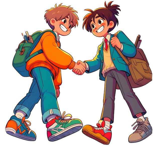 two boys are shaking hands with one wearing a backpack